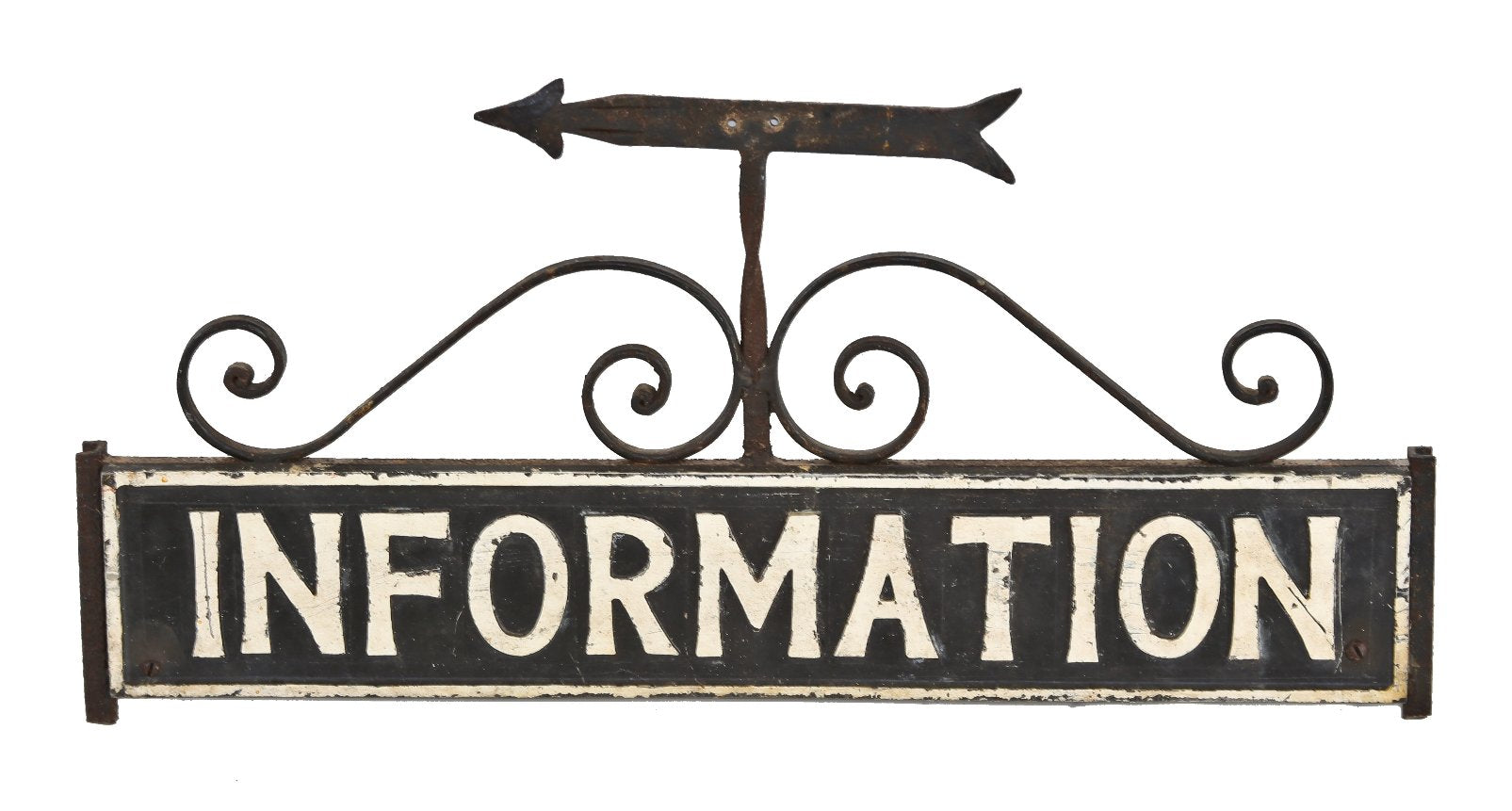 distinctive early 1920's single-sided ornamental wrought iron edgewater hotel "information" sign with directional arrow