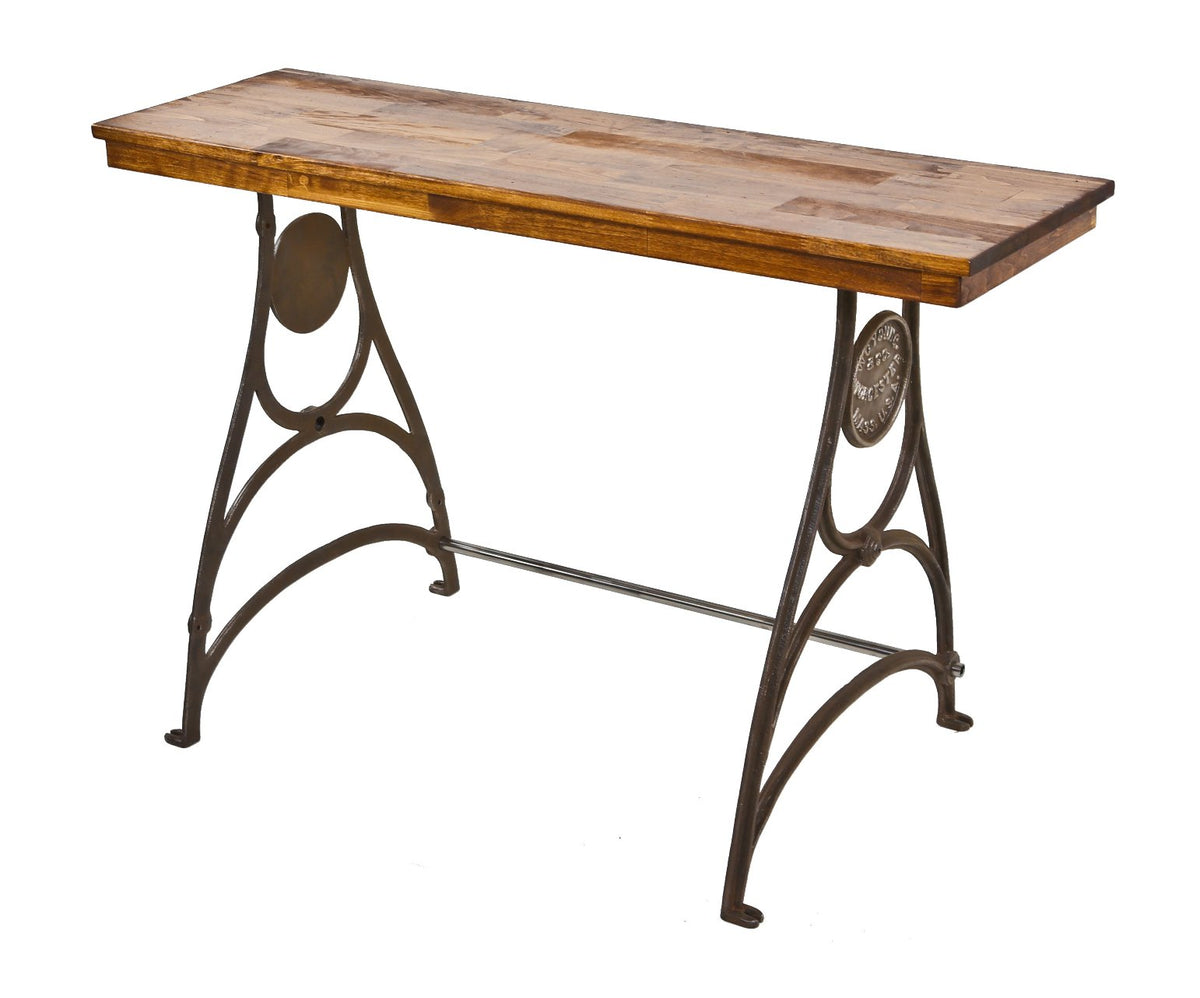repurposed american antique industrial lathe machine console or side table with brushed iron legs and newly added ash wood top with recessed apron