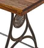 repurposed american antique industrial lathe machine console or side table with brushed iron legs and newly added ash wood top with recessed apron