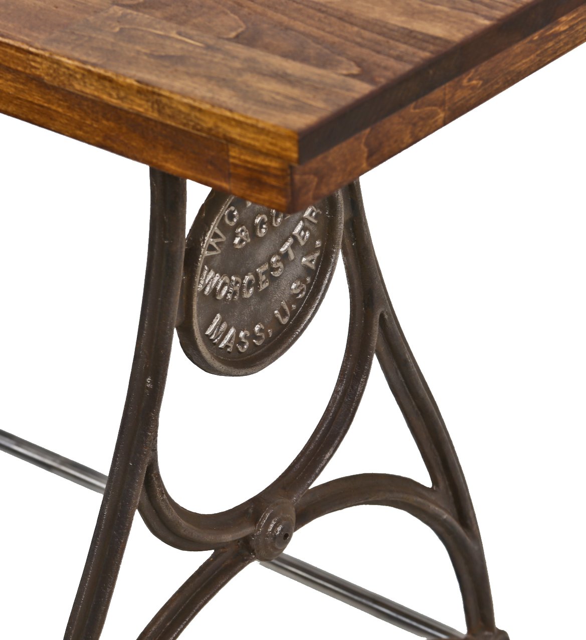 repurposed american antique industrial lathe machine console or side table with brushed iron legs and newly added ash wood top with recessed apron