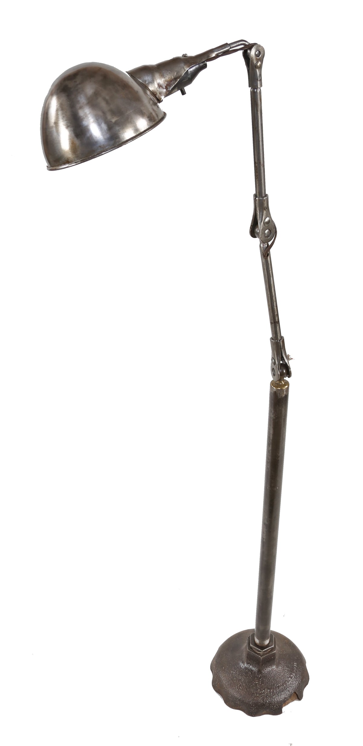 unusual custom-built c. 1940's american industrial triple-jointed pressed steel floor lamp with parabola rolled rim reflector