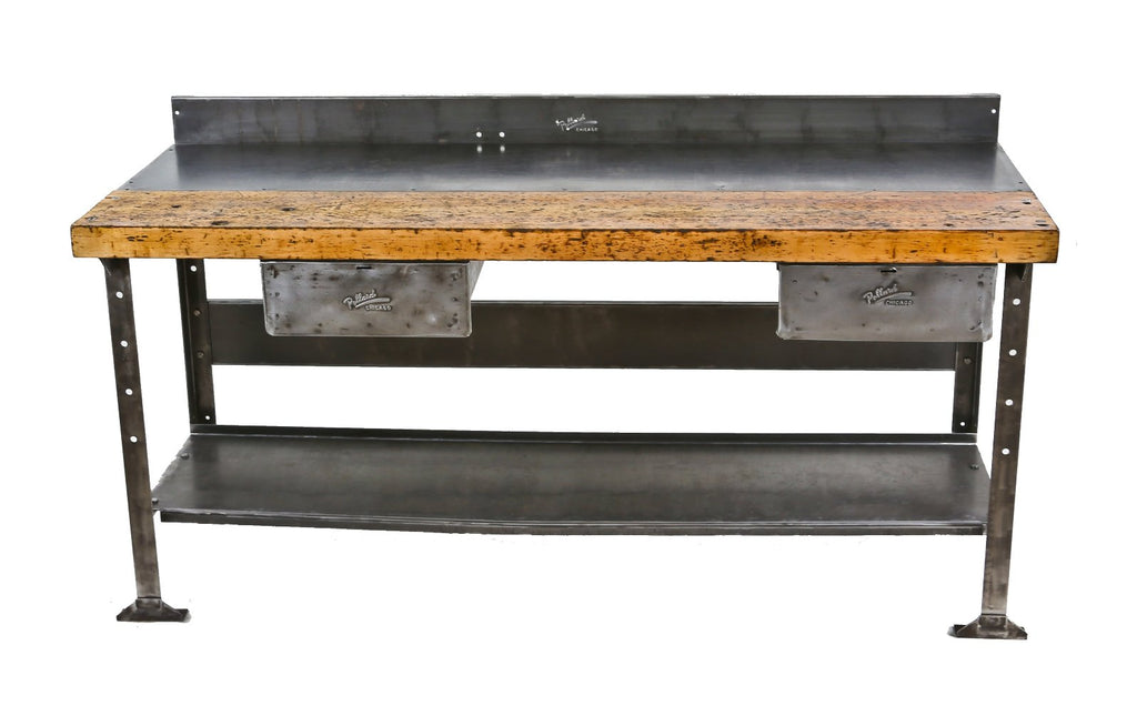 refinished late 1930's american industrial factory machine shop workbench with combination steel and maple wood tabletop