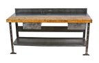 refinished late 1930's american industrial factory machine shop workbench with combination steel and maple wood tabletop