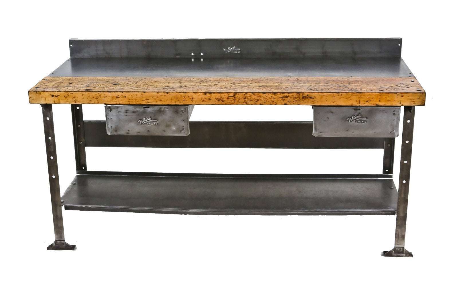 refinished late 1930's american industrial factory machine shop workbench with combination steel and maple wood tabletop