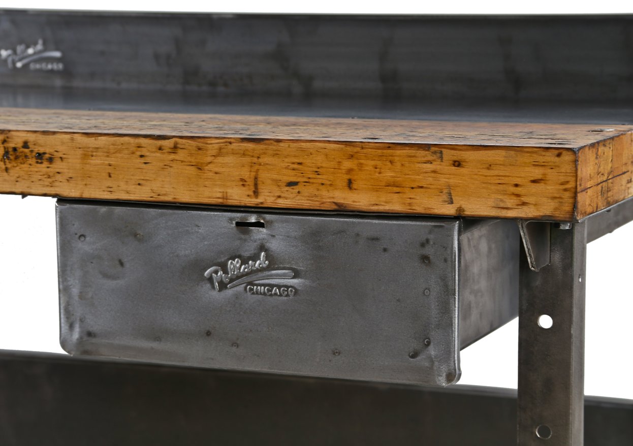 refinished late 1930's american industrial factory machine shop workbench with combination steel and maple wood tabletop