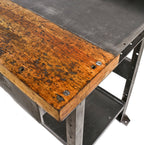 refinished late 1930's american industrial factory machine shop workbench with combination steel and maple wood tabletop