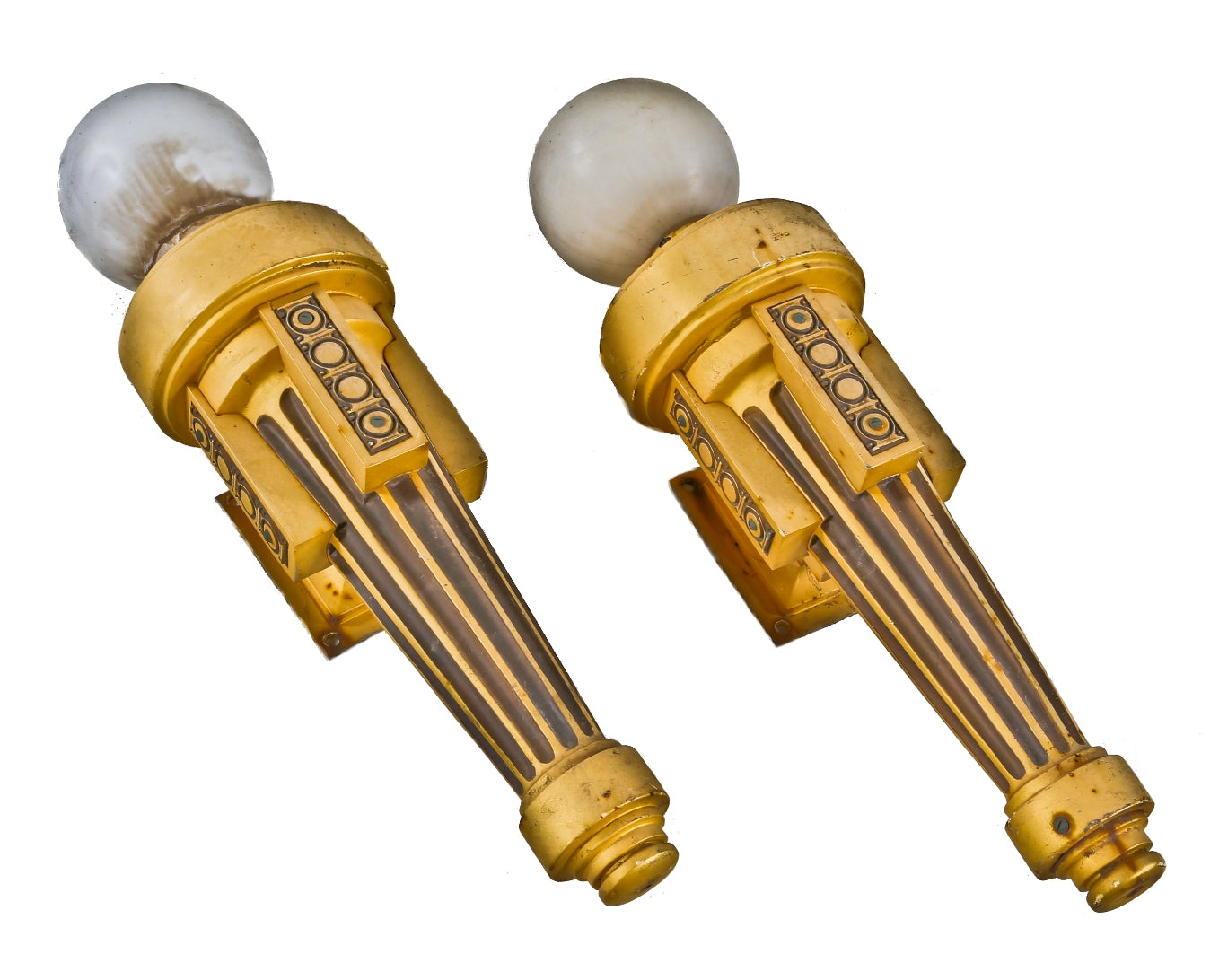 two matching c. 1911 historically important american industrial exterior ornamental cast iron wrigley chewing gum factory sconces