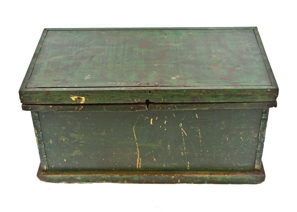 early 20th century painted green pine wood oversized factory carpenter's tool chest or cabinet with removable interior compartments