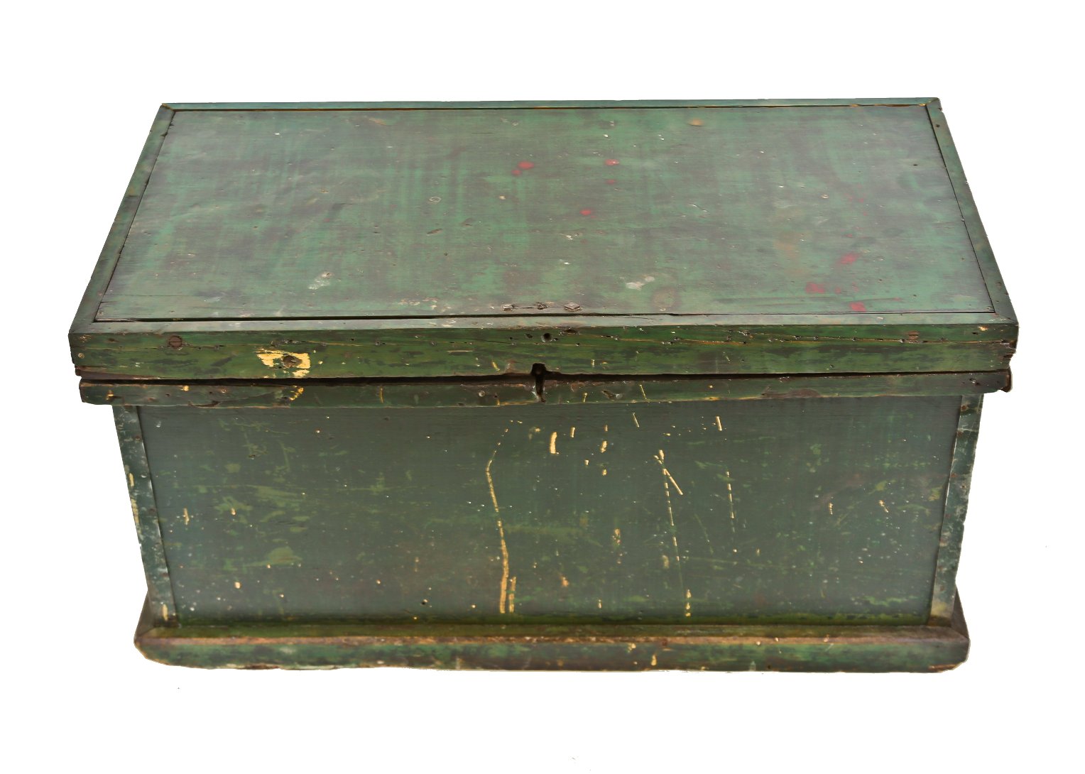 early 20th century painted green pine wood oversized factory carpenter's tool chest or cabinet with removable interior compartments