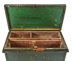 early 20th century painted green pine wood oversized factory carpenter's tool chest or cabinet with removable interior compartments