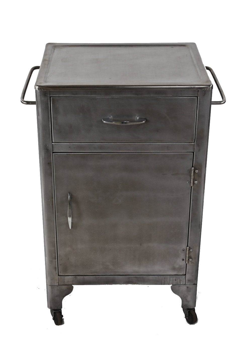 late 1930's clean and compact heavy gauge brushed steel american medical supply cabinet with stainless steel tabletop