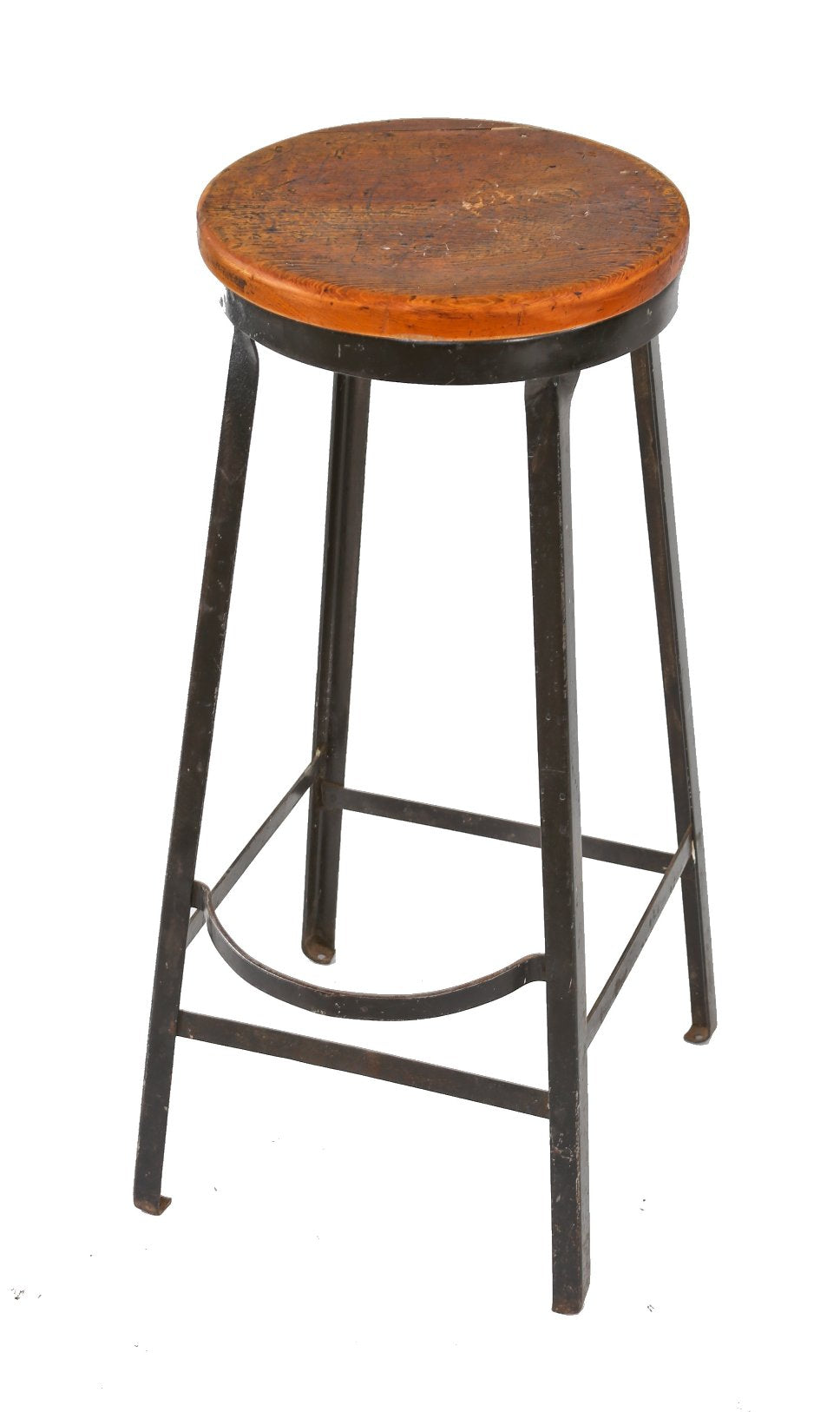 original c. 1930's american industrial four-legged black enameled riveted and/or welded joint steel machine operator stool