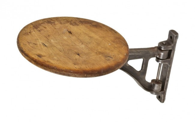 hard to find all original c. 1920's antique american made industrial clean and simple cast iron "sani" factory table swing-out stool bracket with maple wood seat