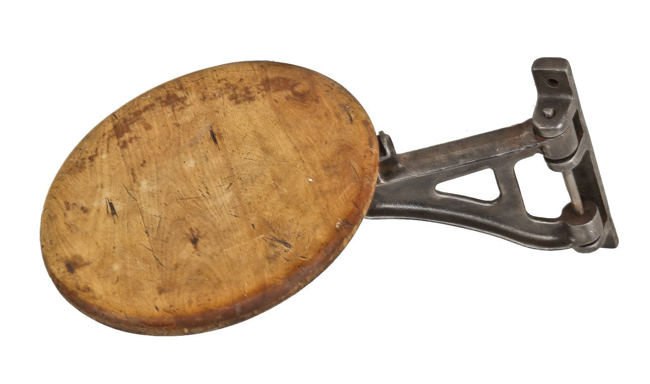 original and fully functional early 20th century factory lunch room replacement swing-out bracket seat with brushed metal finish