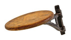 original and intact c. 1920's american antique industrial fully functional factory lunch room table cast iron stool bracket with original weathered and worn maple wood seat