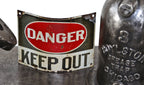 rare and highly sought after c. 1914 all original antique american industrial early "danger" gold mine sign comprised of porcelain enameled heavy gauge steel