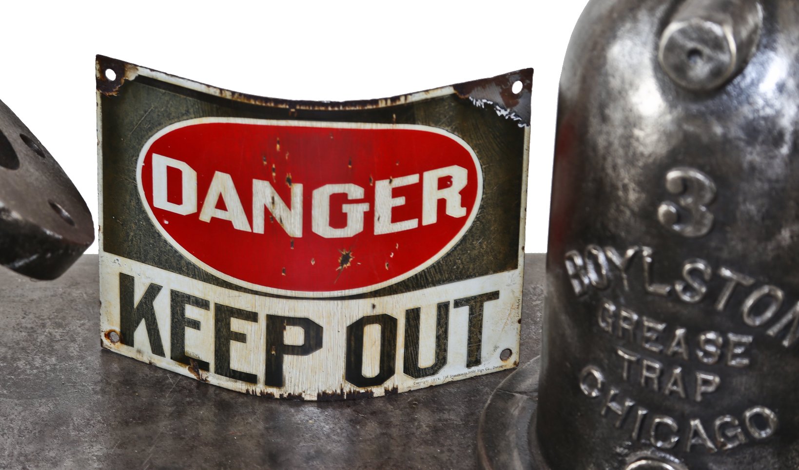 rare and highly sought after c. 1914 all original antique american industrial early "danger" gold mine sign comprised of porcelain enameled heavy gauge steel