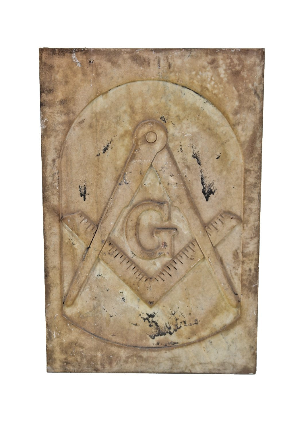 early 20th c. antique american flush mount exterior masonic lodge building facade hand-carved freemasonry symbolic marble plaque