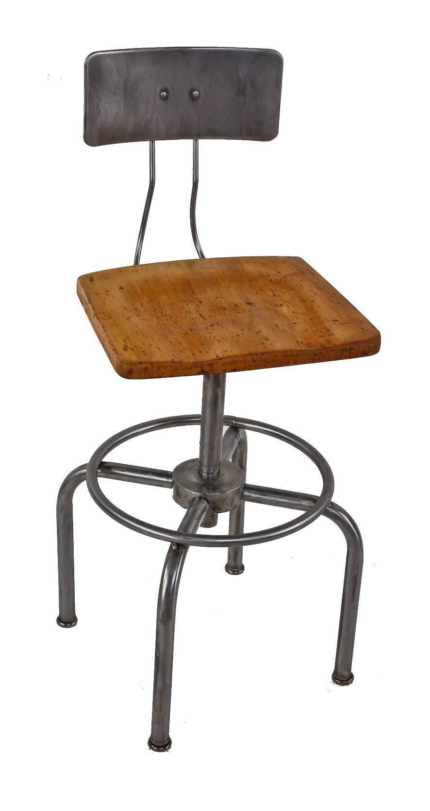 c. 1950's american vintage industrial adjustable height bent tubular steel factory stool with oversized maple wood saddle seat