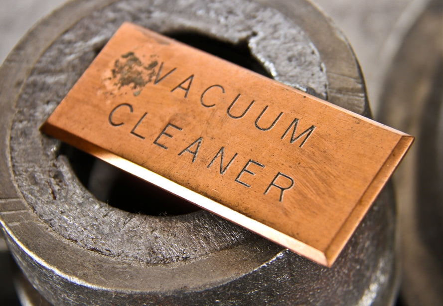 c. 1900's single american industrial beveled edge solid copper commercial building basement open switchboard "vaccum cleaner" plaque