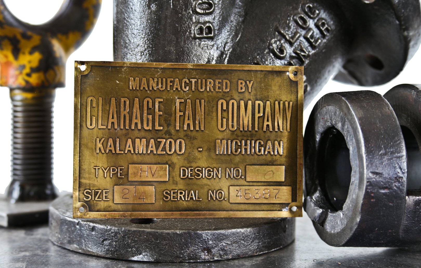 original c. 1920's heavy gauge stamped brass surface mount clarage fan company blower unit manufacturer's and/or specifications plaque