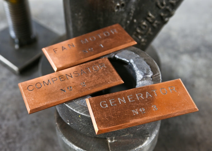 group of three original early 20th century antique american industrial beveled edge copper metal open switchboard plaques