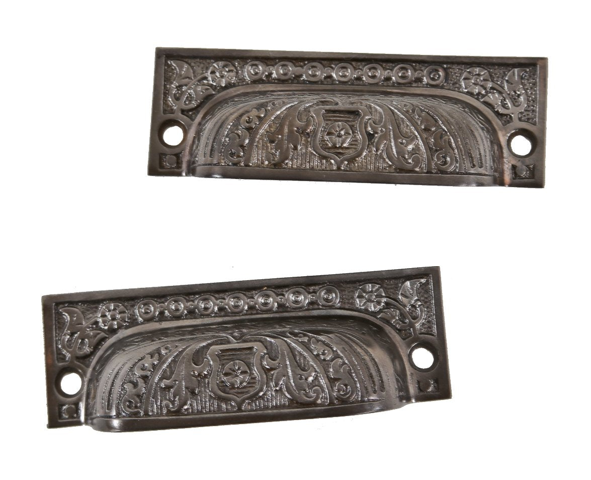 set of original late 19th century antique american refinished ornamental cast iron interior residential kitchen cabinet drawer or bin pulls