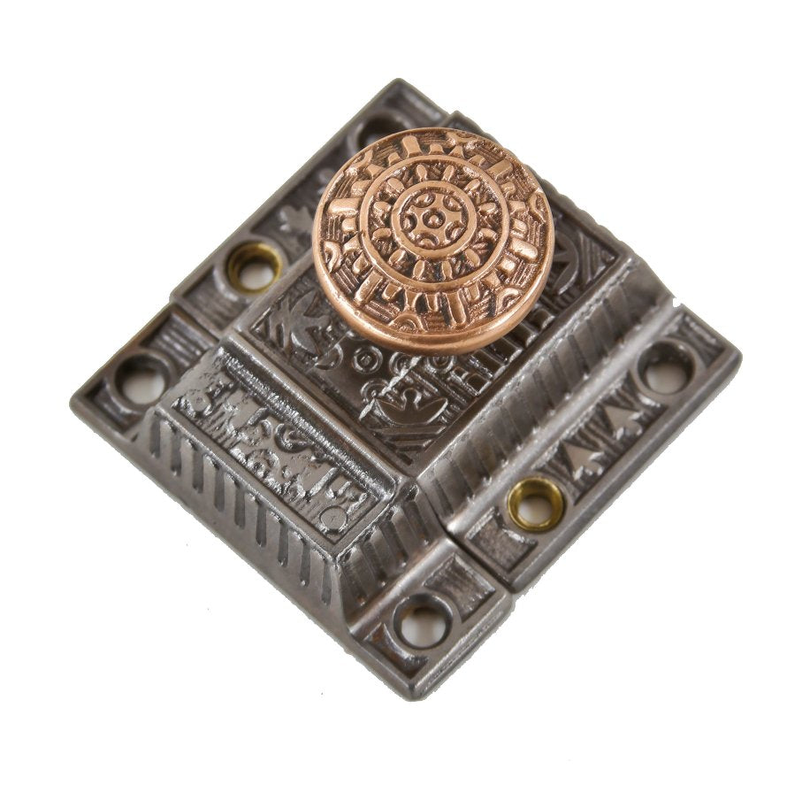 single late 19th century original american antique eastlake style "windsor" pattern ornamental cast iron residential kitchen cabinet latch