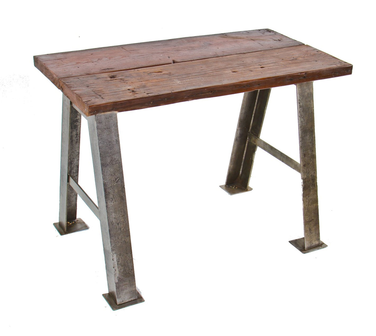 repurposed late 1930's american industrial all-welded joint machine base multi-purpose table or desk with old growth pine wood top