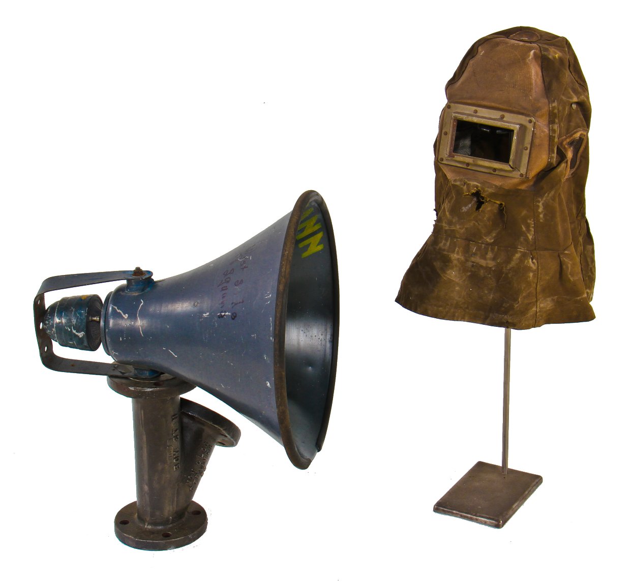 unusual original oversized painted blue vintage american industrial public address "university" horn loudspeaker with trunnion bracket