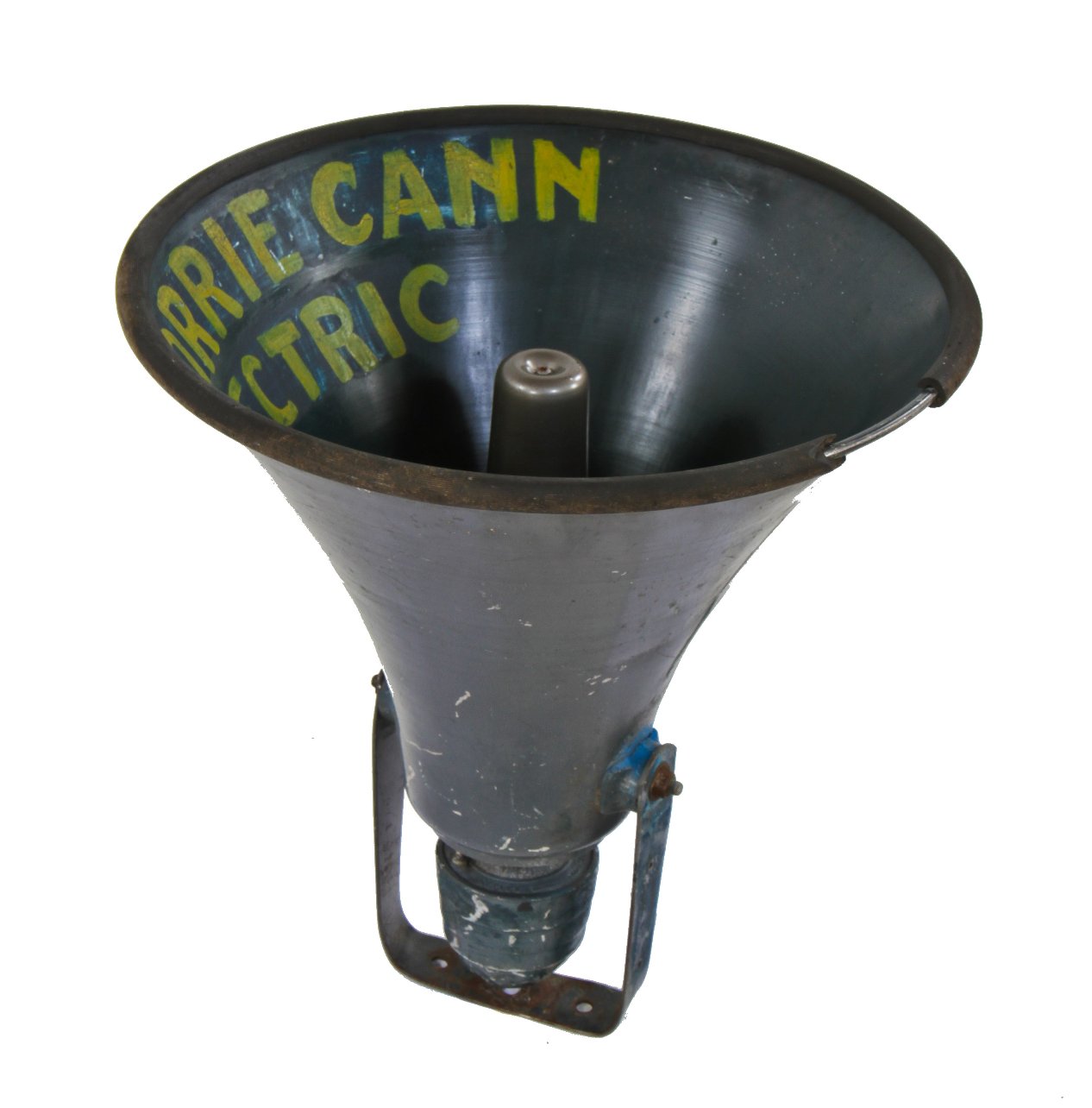 unusual original oversized painted blue vintage american industrial public address "university" horn loudspeaker with trunnion bracket