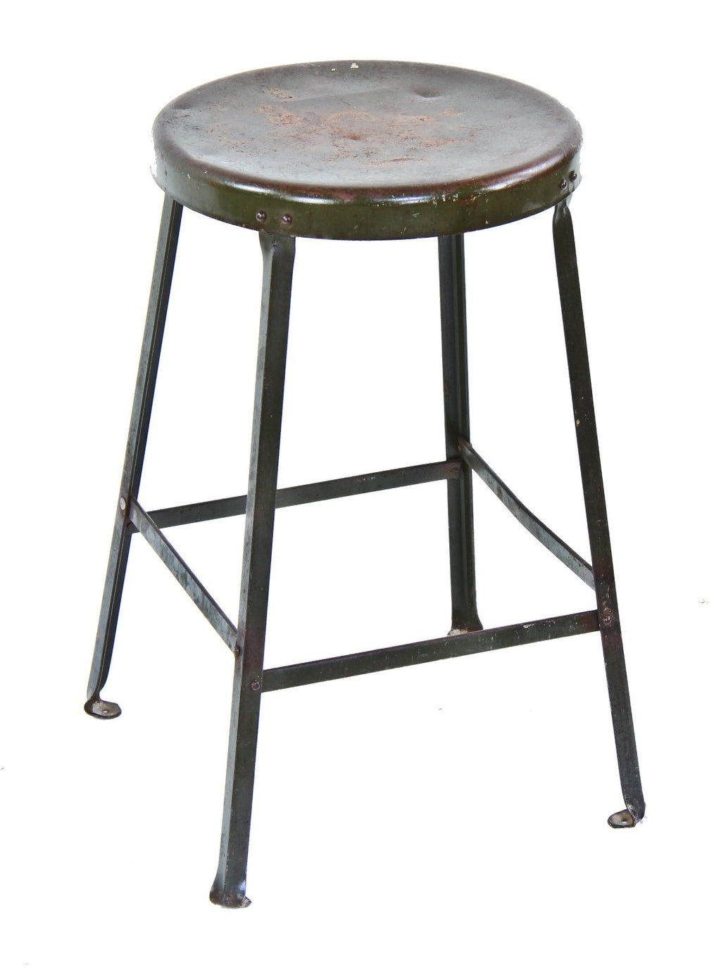 all-riveted joint heavy gauge steel unrestored original green enameled factory machinist's stool with distinctive inward turned ball feet