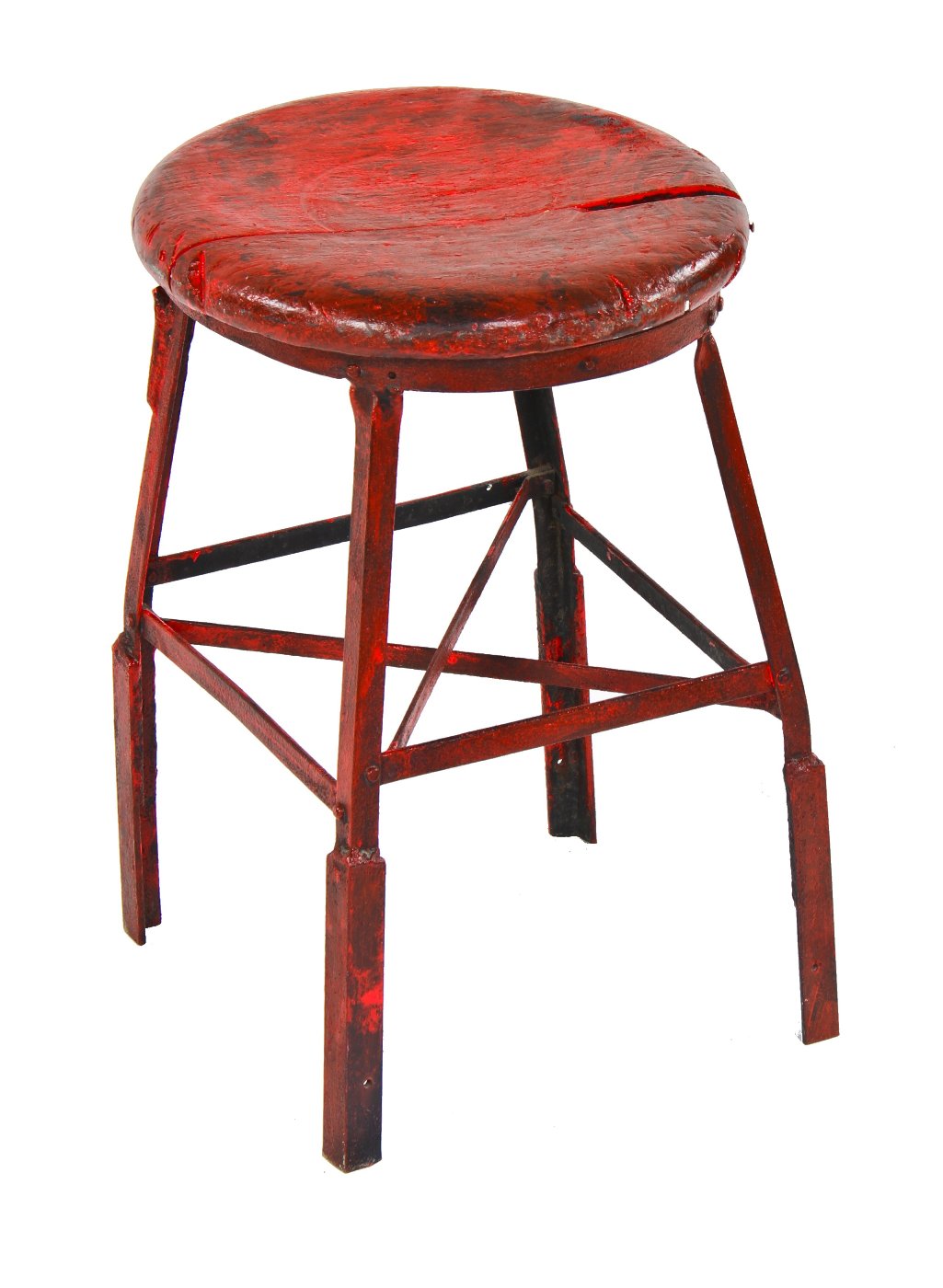 heavily modified low-lying c. 1920's american industrial factory machine shop riveted and welded joint red painted stool with extensive cross-bracing