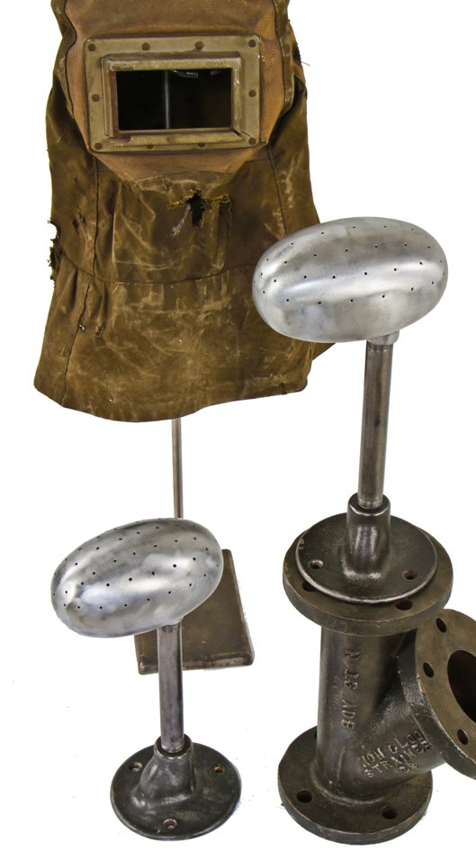 matching pair of completely refinished very unusual vintage american industrial freestanding aluminum and steel hot steam blocks for hat forming