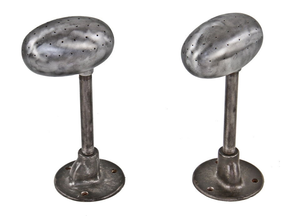 matching pair of completely refinished very unusual vintage american industrial freestanding aluminum and steel hot steam blocks for hat forming