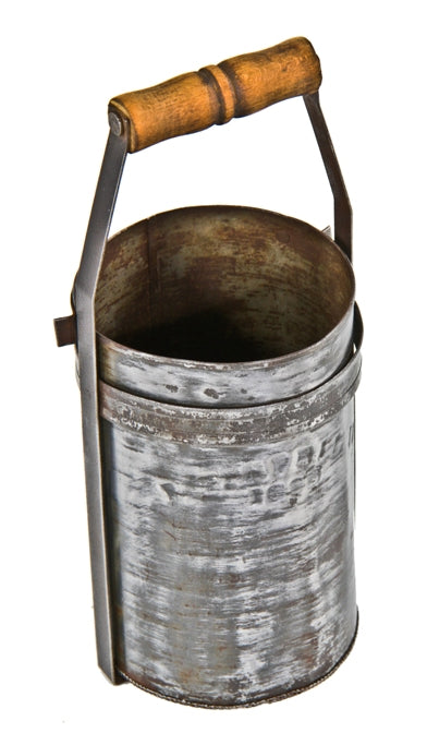unique c. 1930's american industrial cylindrical-shaped tin metal portable strainer bucket with original finely turned maple wood handle
