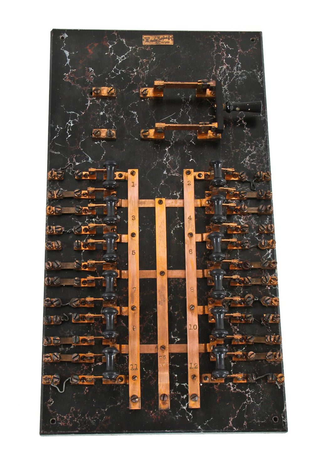 very rare oversized early 20th century new york city subway sub-station open style or "front" switchboard with faux marbleized solid slate insulator back panel