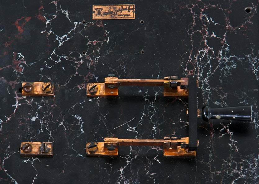 very rare oversized early 20th century new york city subway sub-station open style or "front" switchboard with faux marbleized solid slate insulator back panel