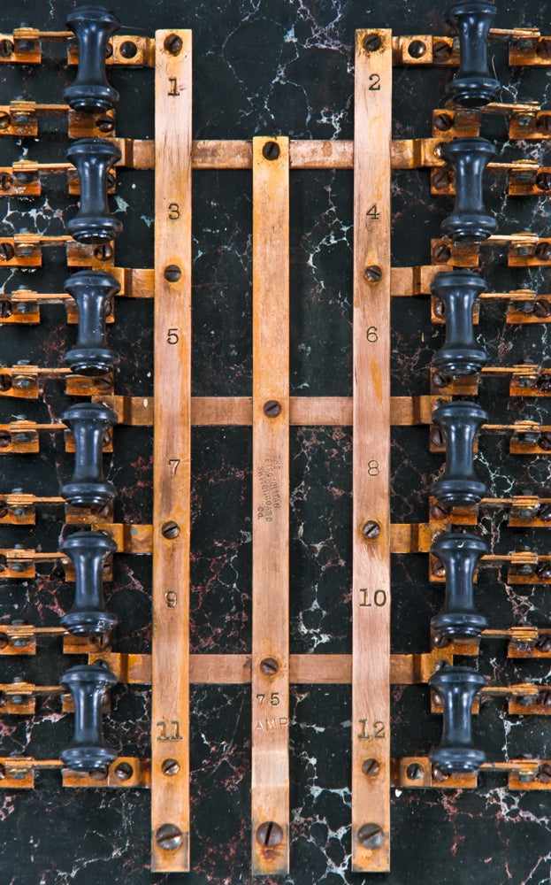 very rare oversized early 20th century new york city subway sub-station open style or "front" switchboard with faux marbleized solid slate insulator back panel