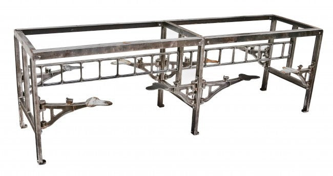 all original early 1920's antique american industrial brushed cast iron and angled steel 8-seat stationary farley and loetscher factory lunchroom table base