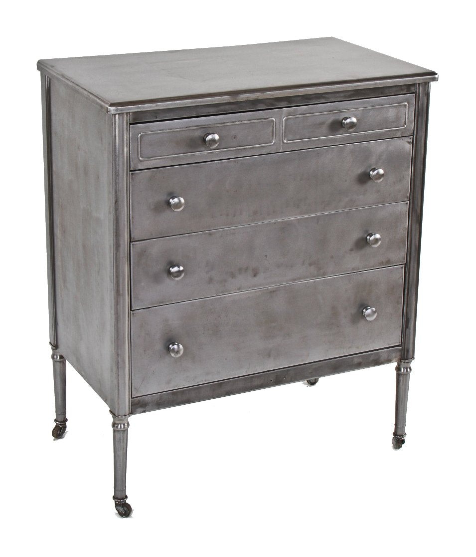 c. 1930's american depression era interior hotel room refinished cold-rolled steel highboy dresser cabinet with original casters