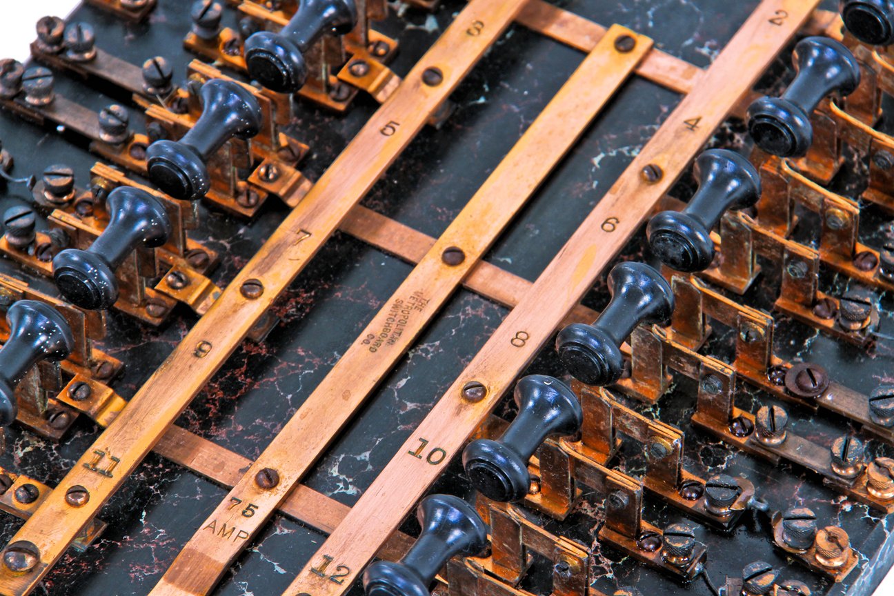 very rare oversized early 20th century new york city subway sub-station open style or "front" switchboard with faux marbleized solid slate insulator back panel