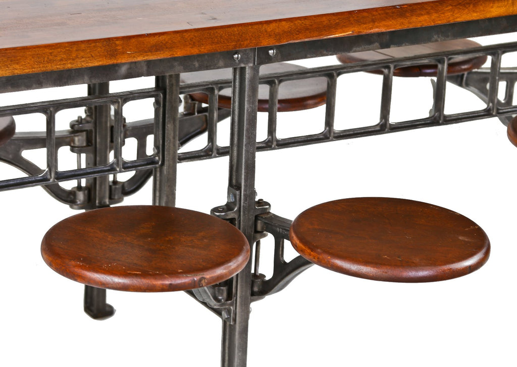authentic and all original early 1920's american made industrial "sani" 8-seat swing-out stool "no. 314" sectional factory lunchroom table