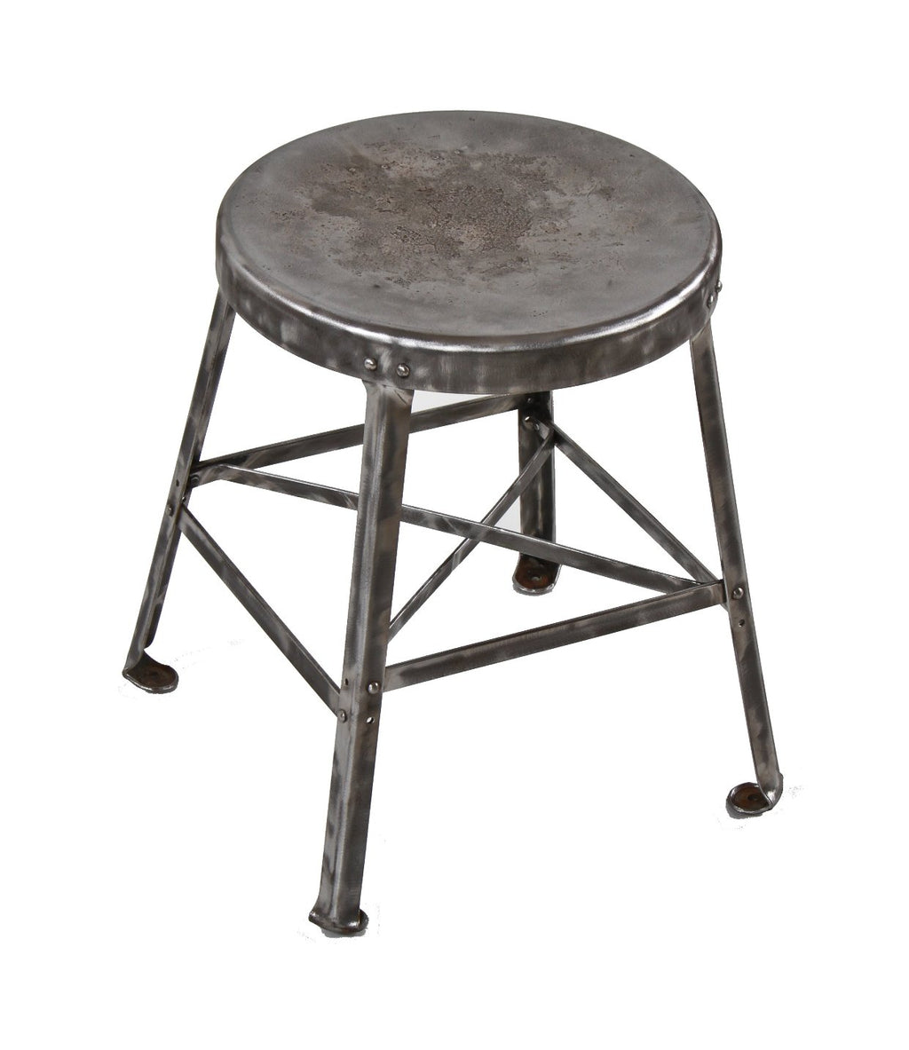 diminutive c. 1920's american industrial all-riveted joint heavy gauge steel low-lying stationary factory stool with cross-bracing