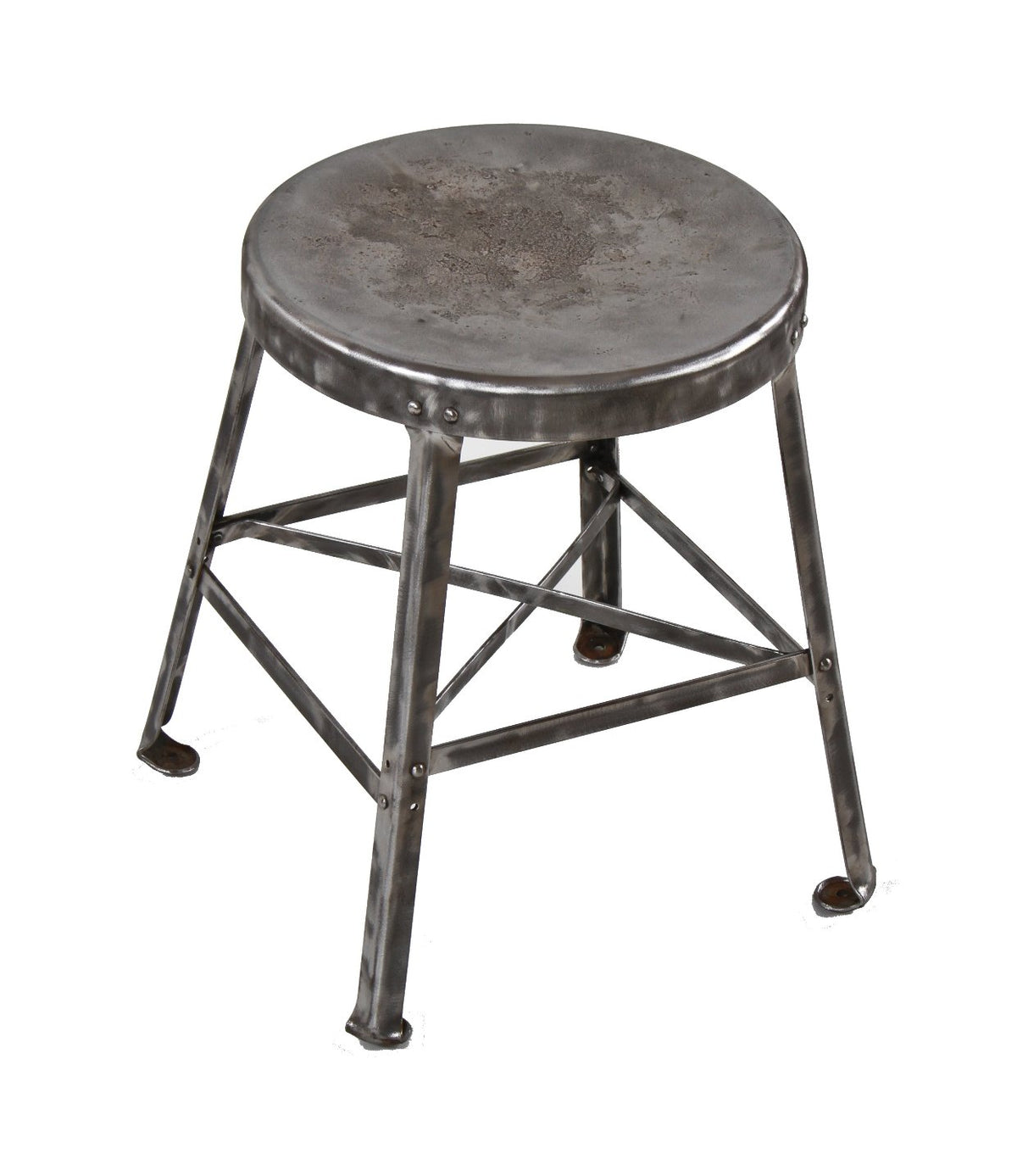 diminutive c. 1920's american industrial all-riveted joint heavy gauge steel low-lying stationary factory stool with cross-bracing