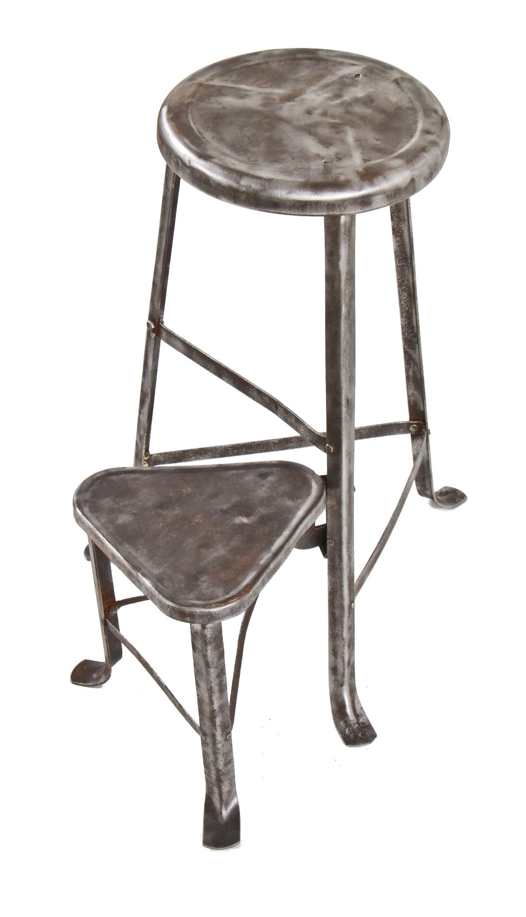 all-riveted joint three-legged american industrial depression era pressed and folded steel stool with slightly flared feet