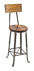 original and intact american industrial adjustable height four-legged factory machine shop stool with brushed metal finish
