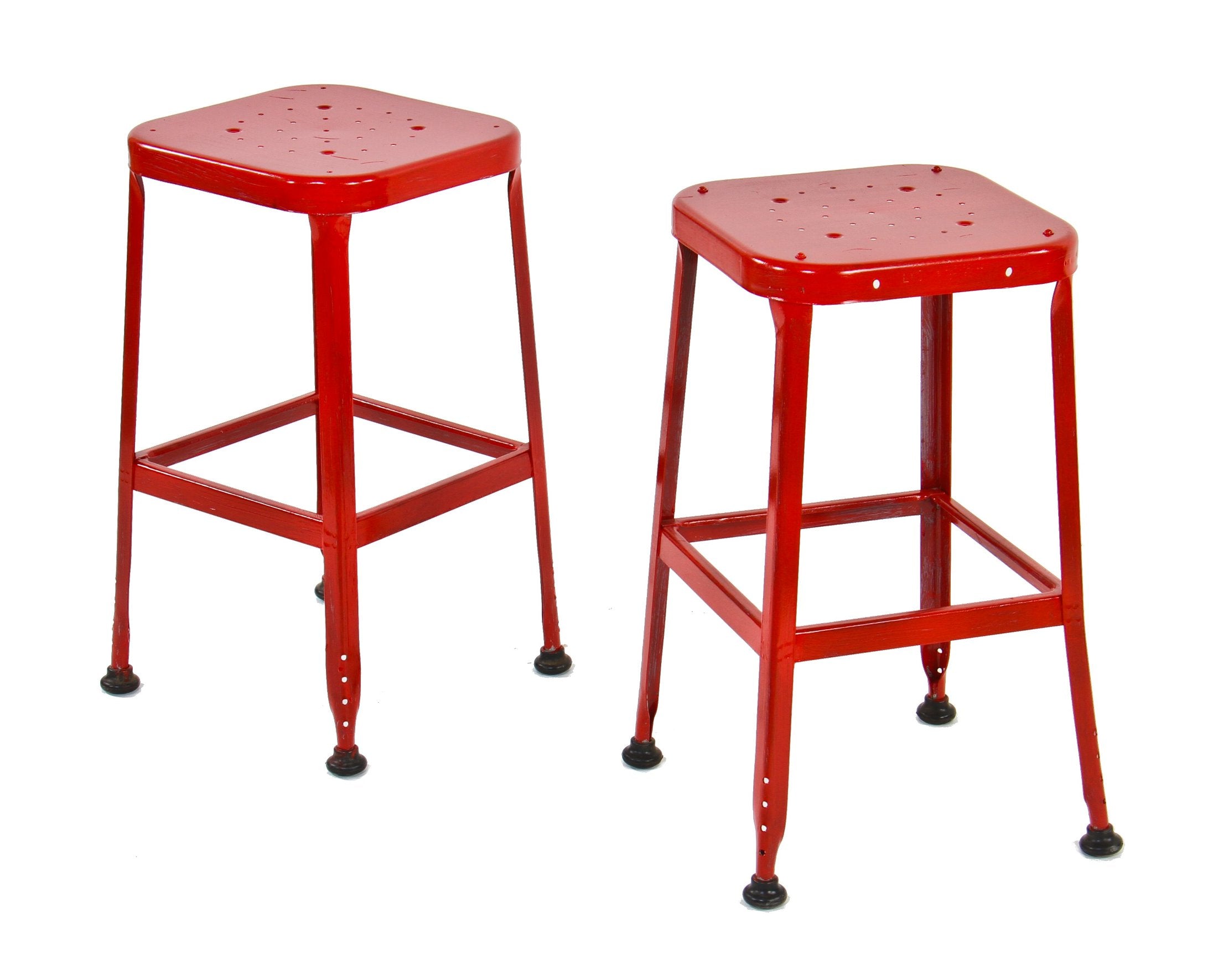 late 1940's pressed and folded heavy gauge steel four-legged machine shop toledo stool with red paint finish