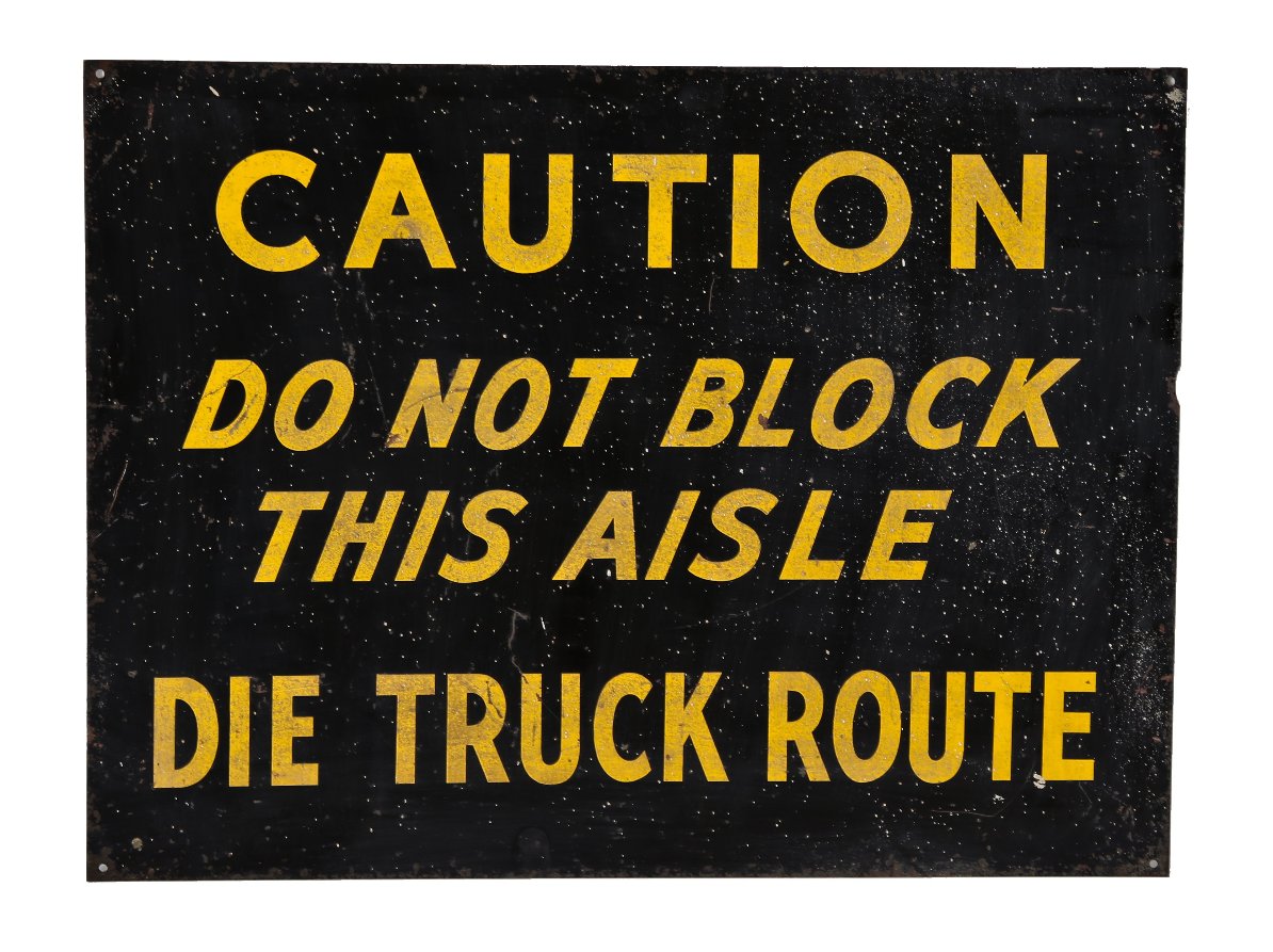 original c. 1940's american industrial single-sided heavy gauge baked enameled steel general electric "die truck route" factory sign