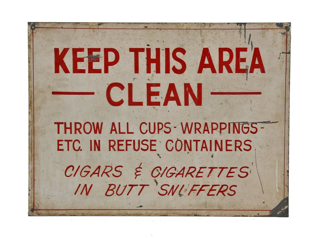 oversized late 1930's single-sided american industrial hand-painted weathered and worn heavy gauge steel "keep this area clean" larkin factory sign